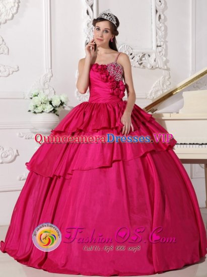 Torrance California/CAHand Made Flowers Hot Pink Spaghetti Straps Ruffles Layered Gorgeous Quinceanera Dress With Taffeta Beaded Decorate Bust - Click Image to Close