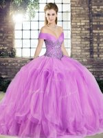 Tulle Off The Shoulder Sleeveless Lace Up Beading and Ruffles 15th Birthday Dress in Lilac