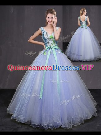 Lavender Lace Up Vestidos de Quinceanera Appliques and Belt Sleeveless Floor Length
