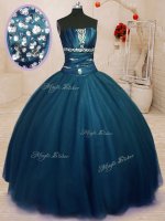 Strapless Sleeveless Quinceanera Gown Floor Length Beading Navy Blue Tulle