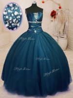 Strapless Sleeveless Quinceanera Gown Floor Length Beading Navy Blue Tulle(SKU PSSW0192-5BIZ)