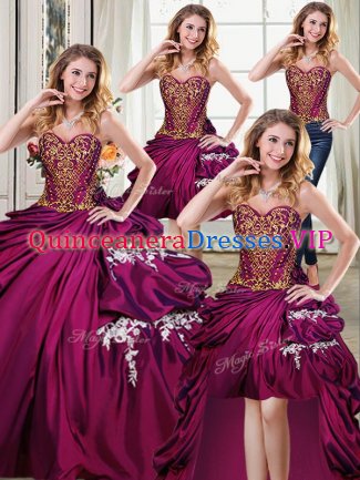 Four Piece Taffeta Sweetheart Sleeveless Lace Up Beading and Appliques and Pick Ups Quinceanera Dress in Burgundy