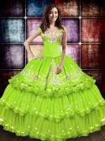 Yellow Green Lace Up Off The Shoulder Embroidery and Ruffled Layers Military Ball Dresses Taffeta Sleeveless