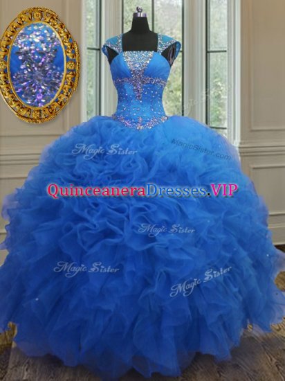 Sequins Ball Gowns Sweet 16 Dress Royal Blue Sweetheart Organza Cap Sleeves Floor Length Lace Up - Click Image to Close