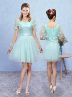 Aqua Blue Scoop Neckline Appliques Vestidos de Damas Sleeveless Lace Up