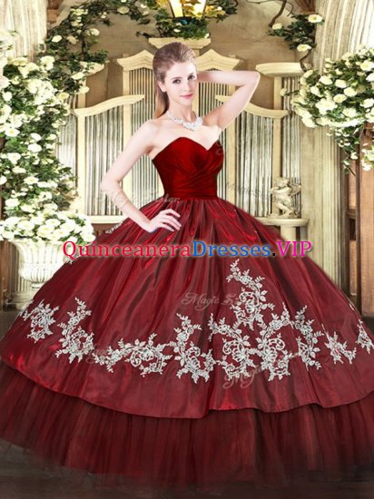 Cheap Wine Red Ball Gowns Sweetheart Sleeveless Organza and Taffeta Floor Length Zipper Embroidery Sweet 16 Dresses - Click Image to Close