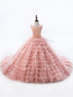 Pink Pageant Gowns For Girls Wedding Party with Beading and Ruffled Layers Scoop Sleeveless Court Train Lace Up