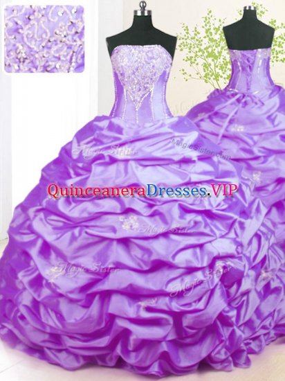 Modest Sweep Train Ball Gowns Quinceanera Dresses Lavender Strapless Taffeta Sleeveless With Train Lace Up - Click Image to Close
