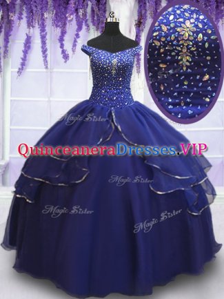 Custom Design Royal Blue Off The Shoulder Neckline Beading and Ruffled Layers and Sequins Sweet 16 Dress Sleeveless Lace Up