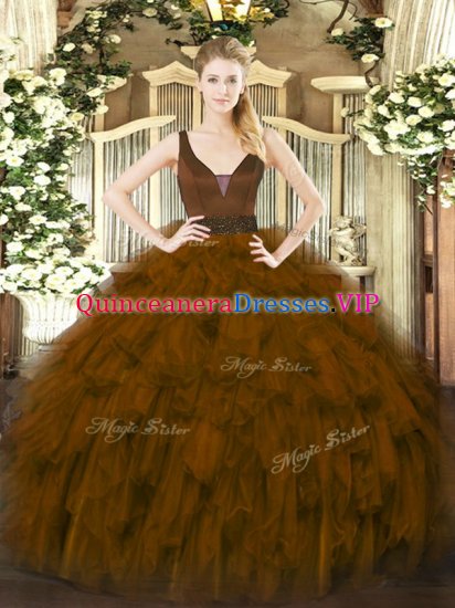 Brown Sleeveless Floor Length Beading and Ruffles Zipper Quinceanera Dress - Click Image to Close