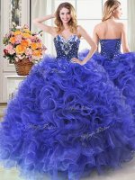 Floor Length Royal Blue Sweet 16 Quinceanera Dress Organza Sleeveless Beading and Ruffles