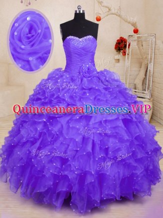 Glamorous Beading and Ruffles and Hand Made Flower Sweet 16 Quinceanera Dress Purple Lace Up Sleeveless Floor Length