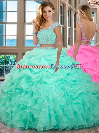 Scoop Apple Green Cap Sleeves Organza Backless Quinceanera Gowns for Military Ball and Sweet 16 and Quinceanera - Click Image to Close