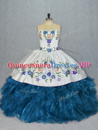 Colorful Blue Sweetheart Neckline Embroidery and Ruffles Quinceanera Dresses Sleeveless Lace Up