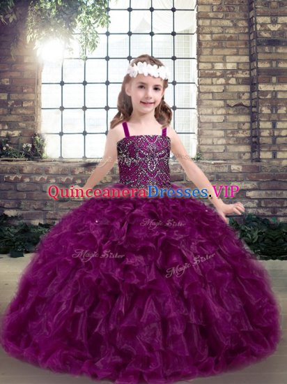 Beading and Ruffles Little Girls Pageant Dress Fuchsia Lace Up Sleeveless Floor Length - Click Image to Close