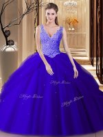 Royal Blue Quinceanera Gowns Military Ball and Sweet 16 and Quinceanera with Lace and Appliques and Pick Ups V-neck Sleeveless Backless(SKU SJQDDT922002-2BIZ)