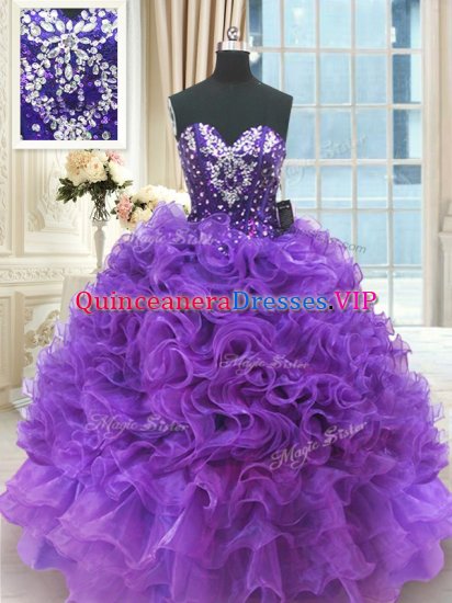 Modest Beading and Ruffles Ball Gown Prom Dress Purple Lace Up Sleeveless Floor Length - Click Image to Close