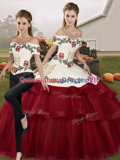 Popular Tulle Off The Shoulder Sleeveless Brush Train Lace Up Embroidery and Ruffled Layers Vestidos de Quinceanera in Wine Red - Click Image to Close