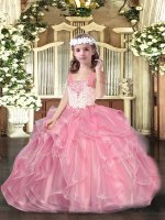 Luxurious Pink Ball Gowns Straps Sleeveless Organza Floor Length Lace Up Beading and Ruffles Pageant Dress Wholesale