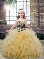 Inexpensive Tulle Sleeveless Floor Length Little Girls Pageant Dress and Embroidery and Ruffles