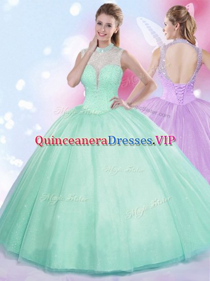 Discount Apple Green High-neck Lace Up Beading Sweet 16 Quinceanera Dress Sleeveless - Click Image to Close