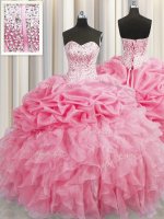 Visible Boning Floor Length Lace Up Quinceanera Gowns Rose Pink for Military Ball and Sweet 16 and Quinceanera with Beading and Ruffles(SKU PSSW0428-6BIZ)