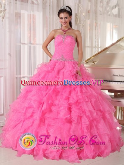 Strapless Beaded Decorate With Inexpensive Rose Pink Quinceanera Dress Custom Made with Ruffles Ball Gown In Fargo North Dakota/ND - Click Image to Close