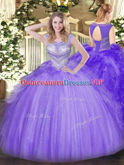 Noble Lavender Ball Gowns Scoop Sleeveless Tulle Floor Length Lace Up Beading Sweet 16 Dress - Click Image to Close