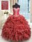 Fashion Sleeveless Organza Floor Length Lace Up Sweet 16 Dresses in Rust Red with Beading and Ruffles