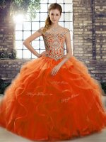 Graceful Orange Red Tulle Lace Up Quinceanera Gown Sleeveless Brush Train Beading and Ruffles