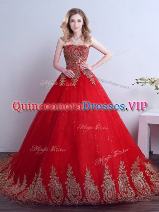 Simple Red Lace Up Strapless Appliques and Sequins Vestidos de Quinceanera Tulle Sleeveless Court Train