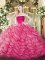 High Class Brush Train Ball Gowns Quinceanera Dress Hot Pink Strapless Tulle Sleeveless Zipper