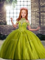 Inexpensive Tulle High-neck Sleeveless Lace Up Beading Little Girls Pageant Gowns in Olive Green