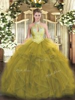 Olive Green Ball Gowns Organza Halter Top Sleeveless Beading and Ruffles Floor Length Lace Up 15th Birthday Dress