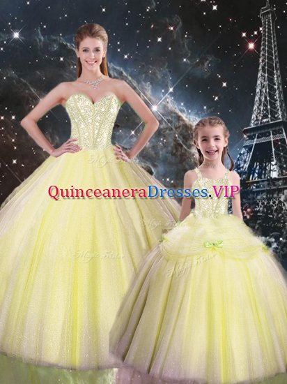 Yellow Tulle Lace Up Sweet 16 Quinceanera Dress Sleeveless Floor Length Beading - Click Image to Close