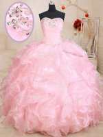 Baby Pink Sleeveless Organza Lace Up 15th Birthday Dress for Military Ball and Sweet 16 and Quinceanera