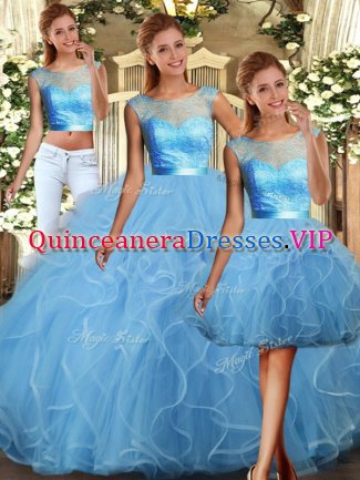 Baby Blue Three Pieces Scoop Sleeveless Tulle Floor Length Backless Lace and Ruffles Ball Gown Prom Dress