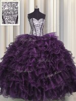 Spectacular Visible Boning Organza and Sequined Sleeveless Floor Length 15 Quinceanera Dress and Ruffles and Sequins