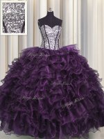 Spectacular Visible Boning Organza and Sequined Sleeveless Floor Length 15 Quinceanera Dress and Ruffles and Sequins(SKU PSSW0466-2BIZ)