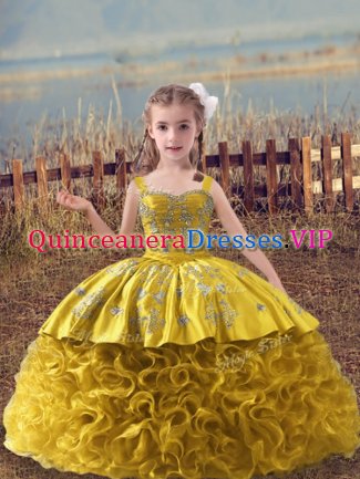 Ball Gowns Sleeveless Gold Little Girls Pageant Dress Sweep Train Lace Up