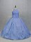 Sleeveless Satin Floor Length Zipper 15 Quinceanera Dress in Blue with Embroidery