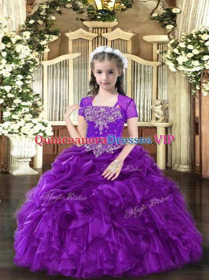 Fancy Purple Ball Gowns Straps Sleeveless Organza Floor Length Lace Up Beading and Ruffles Child Pageant Dress - Click Image to Close