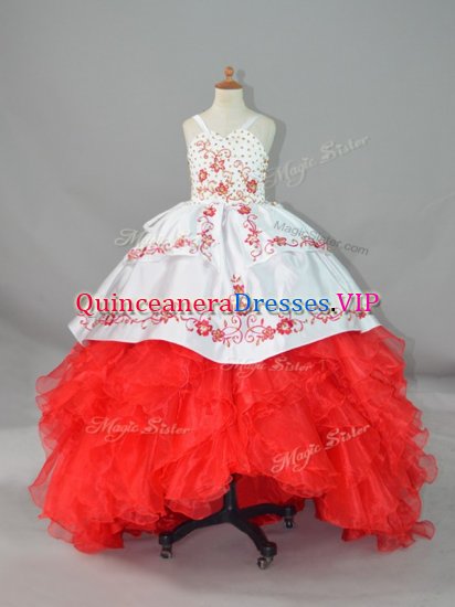 Straps Sleeveless Satin and Organza Little Girl Pageant Gowns Beading and Embroidery and Ruffles Sweep Train Lace Up - Click Image to Close