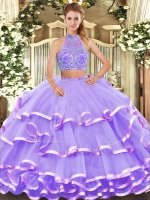 Low Price Lavender Sleeveless Floor Length Beading and Ruffled Layers Criss Cross Sweet 16 Quinceanera Dress