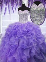 Flare Lavender Ball Gowns Sweetheart Sleeveless Organza Floor Length Lace Up Ruffles and Sequins Quinceanera Dresses