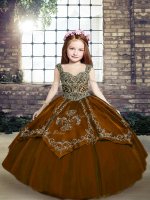Beading and Embroidery High School Pageant Dress Brown Lace Up Sleeveless Floor Length