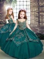 Sleeveless Tulle Floor Length Lace Up Little Girl Pageant Dress in Teal with Beading and Embroidery