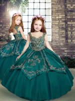 Sleeveless Tulle Floor Length Lace Up Little Girl Pageant Dress in Teal with Beading and Embroidery(SKU PAG1256BIZ)