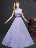 Admirable Halter Top Lavender Chiffon Zipper Dama Dress Sleeveless Floor Length Belt