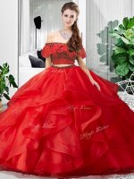 Popular Sleeveless Lace Up Floor Length Lace and Ruffles Ball Gown Prom Dress